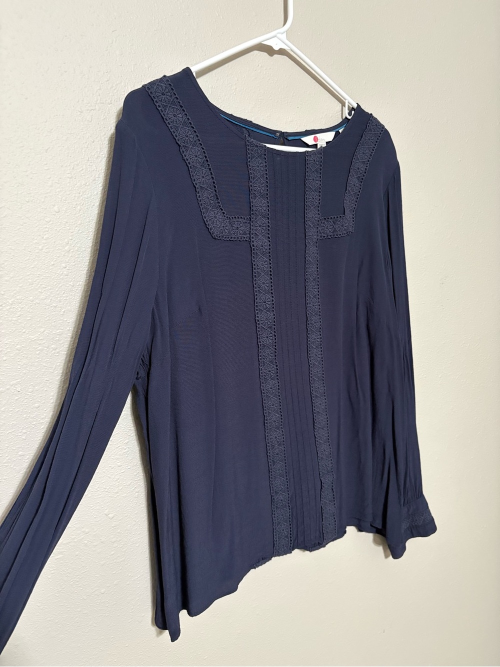 Boden Navy Long-Sleeve Blouse with Lace Trim